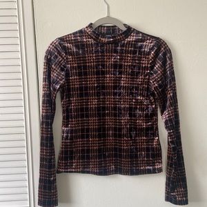 SHEIN Mock Neck Plaid Velvet Top